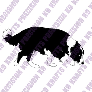 May include: A black and white graphic silhouette of a dog in a walking stance, featuring a white chest, white paws, and a white-tipped tail. The design is overlaid with repeating diagonal text that reads K9 KRAFTS PRECISION.