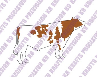 May include: A brown and white cow silhouette. The cow has brown patches on its body and head, with a white background. The outline is black. The image has the text "PRECISION K9 KRAFTS" diagonally across the image.