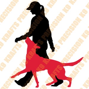 Female handler with Malinois heeling, IPO, Schutzhund, dog sports, PNG, SVG, pdf, ai, dxf