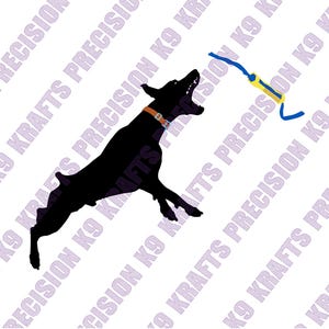 May include: Silhouette of a black dog leaping to catch a blue and yellow toy. The dog wears a brown collar. The background has a repeating pattern of the text "PRECISION K9 KRAFTS".