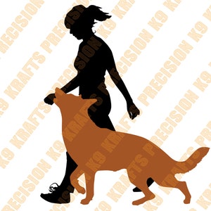 May include: Silhouette of a person walking a brown dog. The person is wearing a black shirt and pants. The dog is walking on a leash.