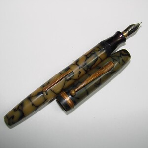 May include: A vintage fountain pen with a marbled pattern in shades of olive green, tan, and black. The pen features a gold-colored clip and nib, with the cap lying open beside the pen. The pen's design is classic and elegant.