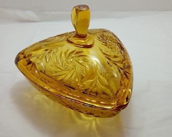 Vintage Anchor Hocking Gold Triangular Candy Dish with Cover Good Condition
