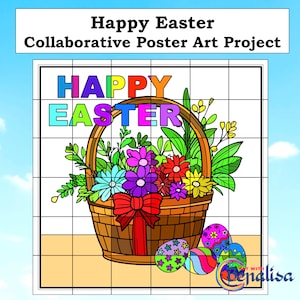 May include: A colourful poster with a grid overlay, featuring a basket of flowers and Easter eggs. The words "Happy Easter" are at the top of the poster, and the words "Happy Easter" are in a colourful font in the centre of the poster.