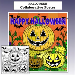 May include: A Halloween collaborative poster with a grid pattern. The poster features a large orange pumpkin with a smiling jack-o'-lantern face and the text "HAPPY HALLOWEEN" in purple letters. There are smaller pumpkins with jack-o'-lantern faces in the bottom corners of the poster.