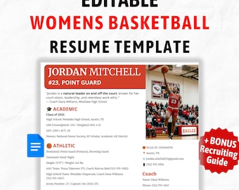 Puede incluir: Una plantilla de currículum de baloncesto editable con el texto EDITABLE WOMENS BASKETBALL RESUME TEMPLATE y + BONUS Recruiting Guide. El documento incluye secciones para información académica y atlética, una foto y datos de contacto.
