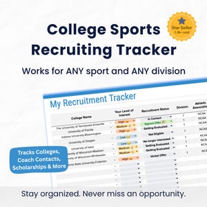 May include: A digital College Sports Recruiting Tracker spreadsheet featuring columns for College Name, Level of Interest, Recruitment Status, Division, and Athletic Association. Text includes "Works for ANY sport and ANY division" and "Tracks Colleges, Coach Contacts, Scholarships & More".