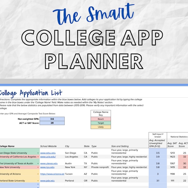 Le planificateur de candidatures SMART College | Recherche et organisation collégiales à peuplement automatique | Feuille de calcul numérique de demande d'admission à l'université