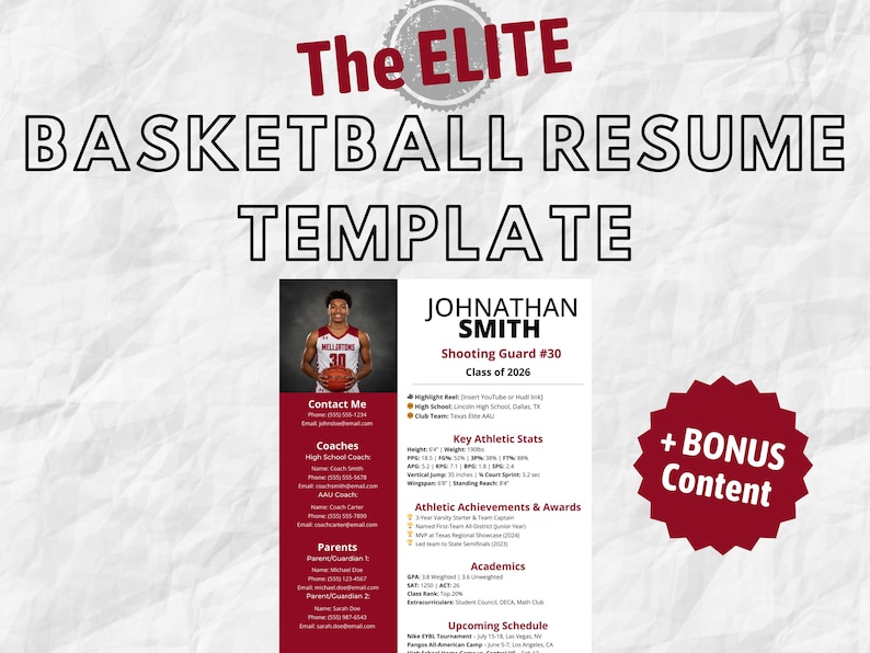 Elite Basketball Resume Template for College Recruitment and sports scholarship for high school and college students
