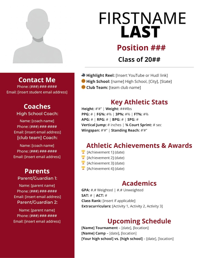 Elite Basketball Resume Template for College Recruitment