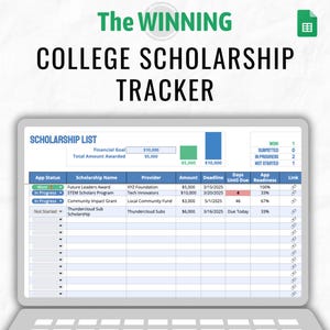May include: A computer screen displaying a spreadsheet titled "The Winning Scholarship Tracker." The spreadsheet is organized into columns with headings: App Status, Scholarship Name, Provider, Amount, Deadline, Days Until Due, App Readiness, and Link. The spreadsheet lists several scholarships with their application status, provider, amount, deadline, and application readiness.