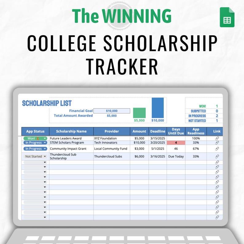 May include: A computer screen displaying a spreadsheet titled "The Winning Scholarship Tracker." The spreadsheet is organized into columns with headings: App Status, Scholarship Name, Provider, Amount, Deadline, Days Until Due, App Readiness, and Link. The spreadsheet lists several scholarships with their application status, provider, amount, deadline, and application readiness.