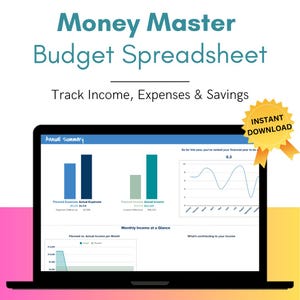 Könnte beinhalten: Ein Laptop-Bildschirm zeigt eine Budget-Tabelle mit dem Titel "Money Master Budget Spreadsheet". Die Tabelle enthält Diagramme und Grafiken, um Einnahmen, Ausgaben und Ersparnisse zu verfolgen. Der Text "Sofort herunterladen" wird in einem gelben Stern angezeigt.