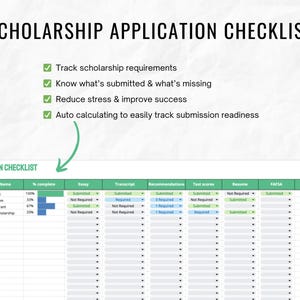 May include: A green and white spreadsheet with the title "Scholarship Tracker Spreadsheet" and "Scholarship List". The spreadsheet has columns for scholarship name, percent complete, essay, transcript, recommendations, test scores, resume, FAFSA, and other. The spreadsheet is designed to help students track their scholarship applications.
