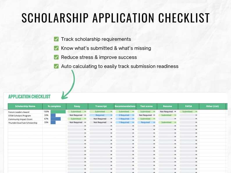 May include: A green and white spreadsheet with the title "Scholarship Tracker Spreadsheet" and "Scholarship List". The spreadsheet has columns for scholarship name, percent complete, essay, transcript, recommendations, test scores, resume, FAFSA, and other. The spreadsheet is designed to help students track their scholarship applications.
