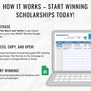 May include: A laptop computer with a spreadsheet open on the screen. The spreadsheet is titled "Scholarship List" and has columns for application status, scholarship name, provider, amount, deadline, days until deadline, application readiness, and link. The spreadsheet is a tool for tracking scholarship applications and deadlines.