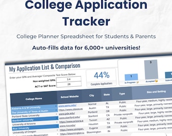 Hoja de cálculo de solicitud y admisión universitaria SMART / Hojas de cálculo de Google para el seguimiento y la organización de admisiones universitarias
