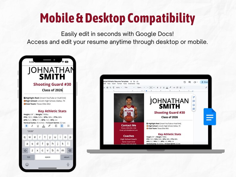Easily edit your basketball resume in seconds with Google Docs!
Access and edit your resume anytime through desktop or mobile.