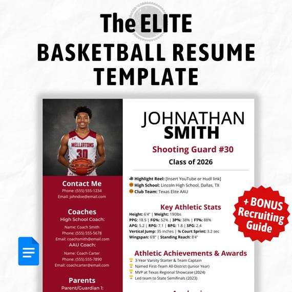 Basketball Recruitment Resume Template for Student Athletes | Google Doc + Recruiting Guide | Player Profile