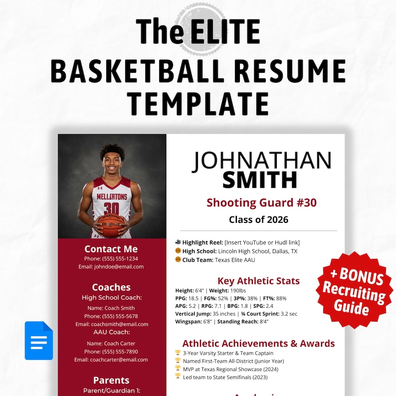 The Elite Basketball Resume Template & student athletic basketball profile for College Recruitment and sports scholarship for high school and college students.
