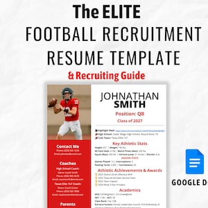 Op de afbeelding: Een voetbal cv-sjabloon getiteld "The ELITE FOOTBALL RECRUITMENT RESUME TEMPLATE & Recruiting Guide". Het cv bevat een foto van een voetballer, belangrijke atletische statistieken en contactgegevens. Het document is ontworpen in Google Docs.