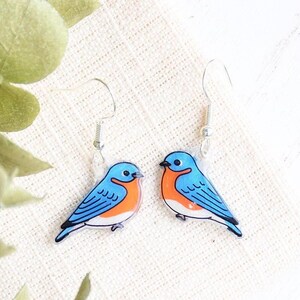 May include: A pair of bluebird earrings with silver hooks. The bluebirds are made of clear acrylic with a blue, orange, and white painted design.