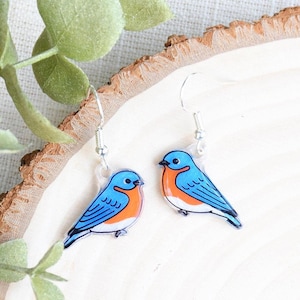 May include: A pair of bluebird earrings with silver hooks. The bluebirds are painted with blue, orange, and white details.