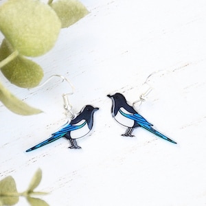 Magpie Earrings, Bird Earrings, Black billed Magpie, Handmade Earrings, Bird Jewelry, Art, Handmade Bird Gift, Cute Bird Earrings, Birder