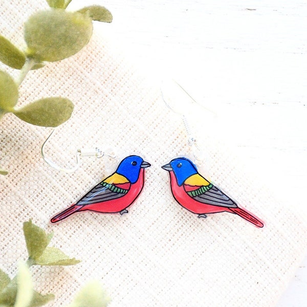 Painted Bunting Earrings, Bird Earrings, Handmade Earrings, Bird Jewelry, Cute Bird Earrings, Colorful Bird Earrings, Birding Earrings