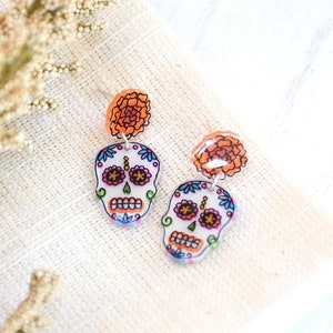 Day of the Dead Earrings, Día De Los Muertos Earrings, Skull Earrings, Sugar Skull Earrings, Halloween Earrings, Marigold Earrings