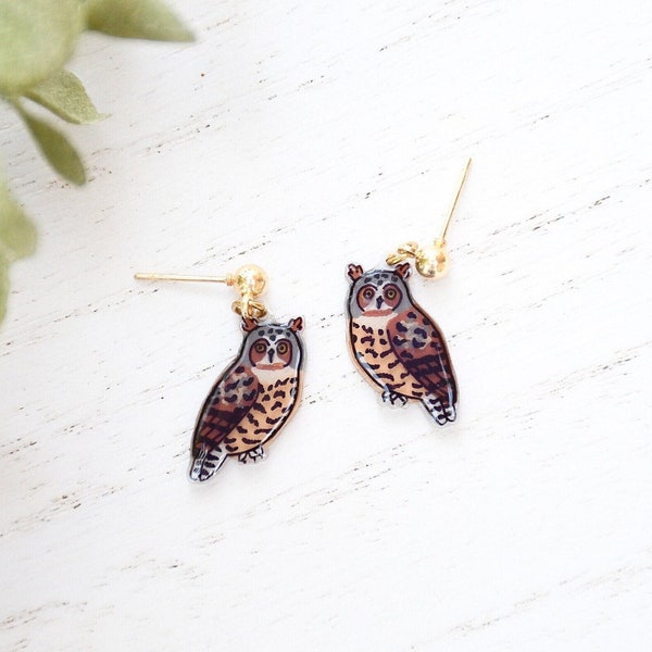 Great Horned Owl Earrings, Fall Earrings, Dangle Stud Earrings, Owl Earrings, Bird Earrings, Handmade Owl Earrings, Owl Jewelry, Hoot Owl