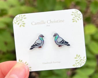 Tiny Pigeon Stud Earrings, Handmade Bird Earrings, Hypoallergenic, Rock Pigeon, Cute Bird Jewelry, Birder Gift, Dainty Stud, Nature Art