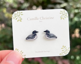 Tiny Loon Stud Earrings, Handmade Bird Earrings, Common Loon Earrings, Cute Bird Earrings, Jewelry Gift, Dainty Studs, Bird-Themed Gift, Art