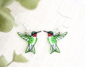 Ruby throated Hummingbird Earrings, Green Hummingbird Jewelry, Cute Bird Earrings, Handmade Earring, Bird Earrings, Birdwatcher Gift, Hummer