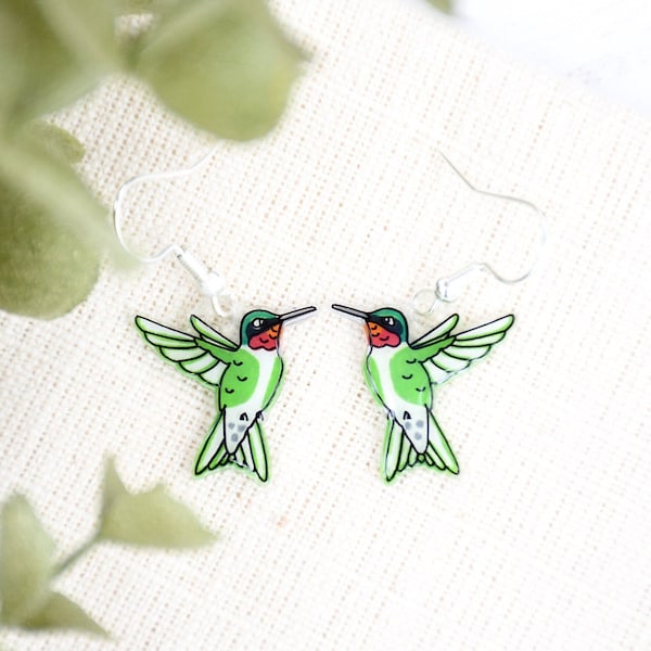 Ruby throated Hummingbird Earrings, Green Hummingbird Jewelry, Cute Bird Earrings, Handmade Earring, Bird Earrings, Birdwatcher Gift, Hummer