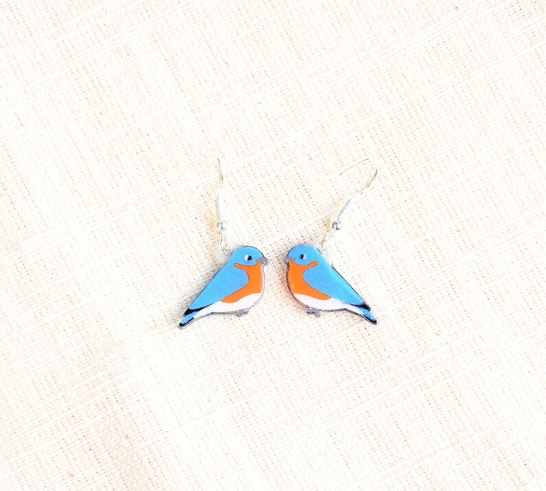 May include: A pair of bluebird earrings with silver hooks. The bluebirds are painted with blue, white, and orange details.