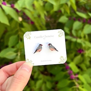 Java Sparrow Stud Earrings, Hypoallergenic, Handmade Bird Earrings, Cute Bird Jewelry, Birder Gift, Pet Bird Gift, Dainty Stud, Nature Art