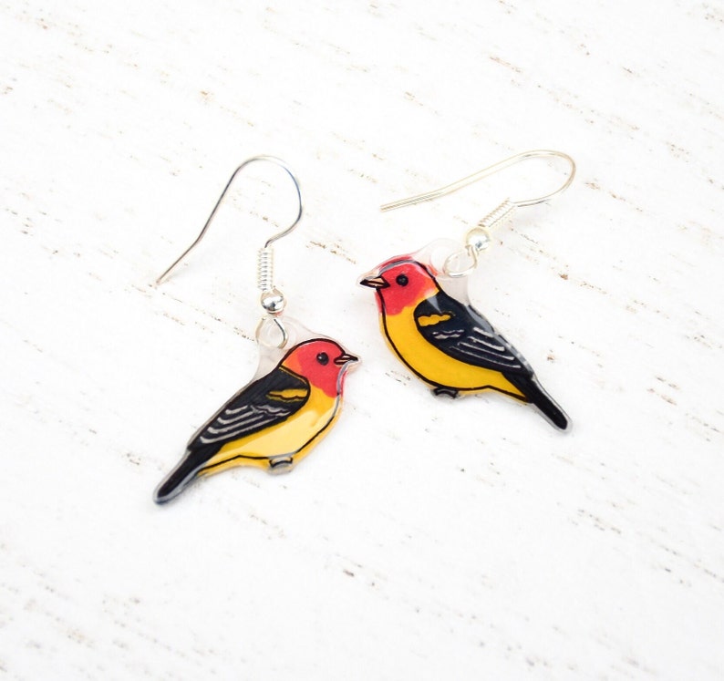Western Tanager Earrings, Bird Earrings, Bird Jewelry, Dangle & Drop, Cute Animal Earrings, Unique Earrings, Handmade Earrings, Bird Gift image 1