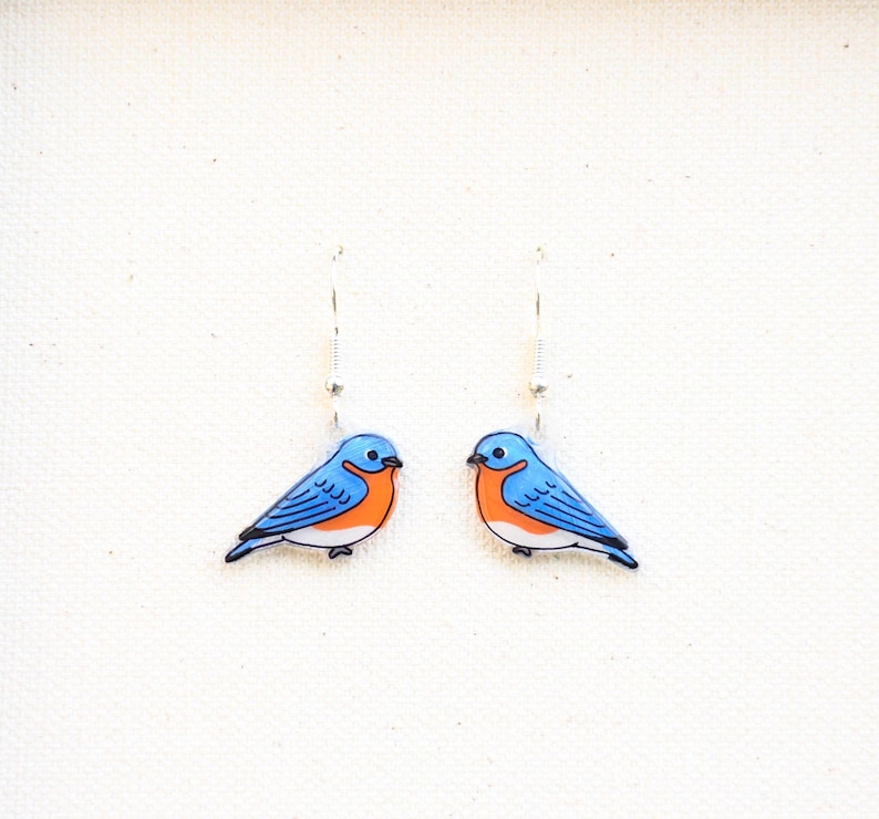 May include: A pair of bluebird earrings with silver hooks. The bluebirds are painted with blue, orange, and white details.