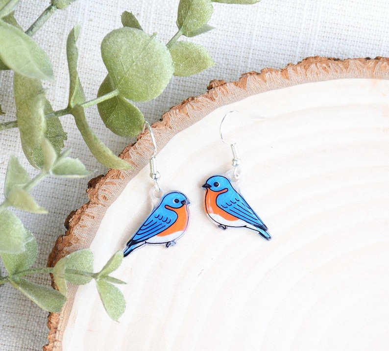 May include: A pair of bluebird earrings with silver hooks. The bluebirds are painted with blue, orange, and white details.