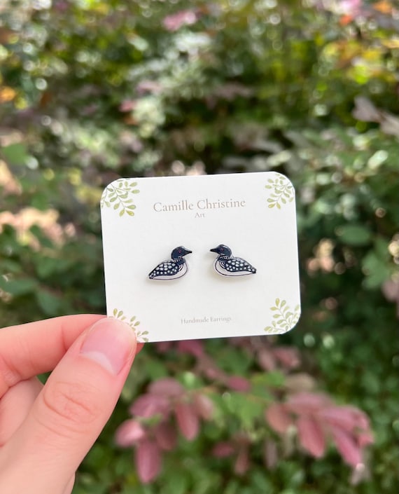 Tiny Loon Stud Earrings, Handmade Bird Earrings, Common Loon Earrings, Cute Bird Earrings, Jewelry Gift, Dainty Studs, Bird-Themed Gift, Art