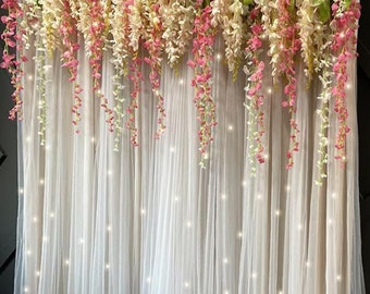 Witte netto vitrages roze en witte blauweregen voor achtergronddecoratie voor Diwali, Pooja kamer, verjaardag, huisdecoratie