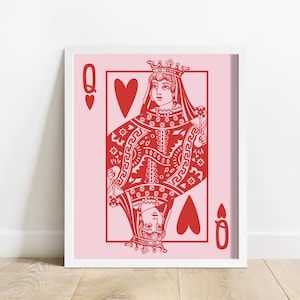 Queen of Hearts Playing Card Fine Art Print | Trendy Wall Art | Red and Pink Love Home Decor | Minimalist Feminine Small Poster |