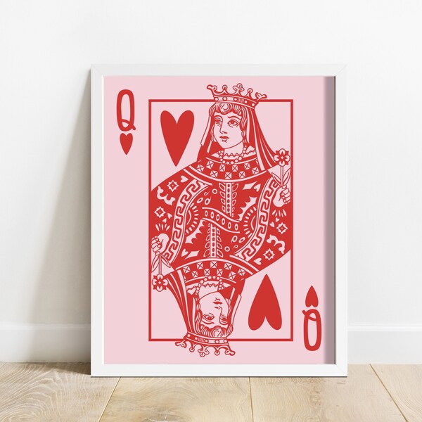 Queen of Hearts Playing Card Fine Art Print | 8x10 Trendy Wall Art | Red and Pink Love Home Decor | Minimalist Feminine Small Poster