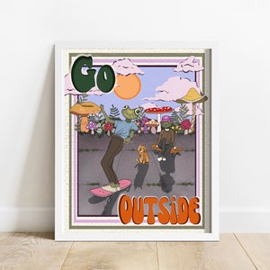 Vintage Skateboarding Frogs 8” x 10” Fine Art Print | Flower Frog Skateboard Print | Mushroom Art | Go Outside | Trendy Indie Original Art