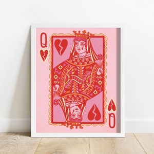 Queen of Broken Hearts Playing Card Fine Art Print | Pink and Red Home Decor | Sad Trendy Wall Art | Original Artwork | Feminine Love Art