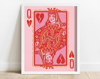 Queen of Broken Hearts Playing Card Fine Art Print | Pink and Red Home Decor | Sad Trendy Wall Art | Original Artwork | Feminine Love Art