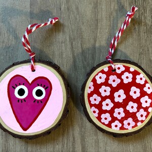 Handmade Painted Wood Christmas Ornaments Set | Heart Holiday Decor | Flower Ornament | Red and Pink Christmas Decorations