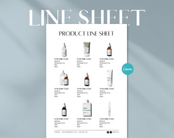 May include: Product line sheet with images of various skincare products, including serums, moisturizers, and a lash serum. Each product has a name, code, material, wholesale price, and minimum order quantity listed below it.