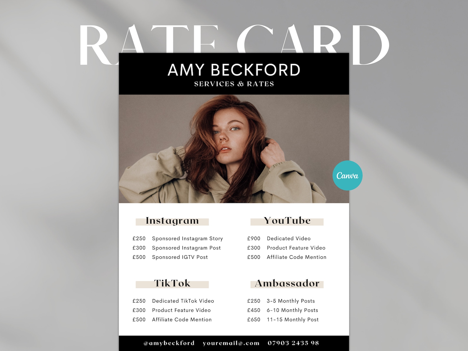 Influencer Rate Card I Canva Template I Influencer Kit I 1 Page Rate